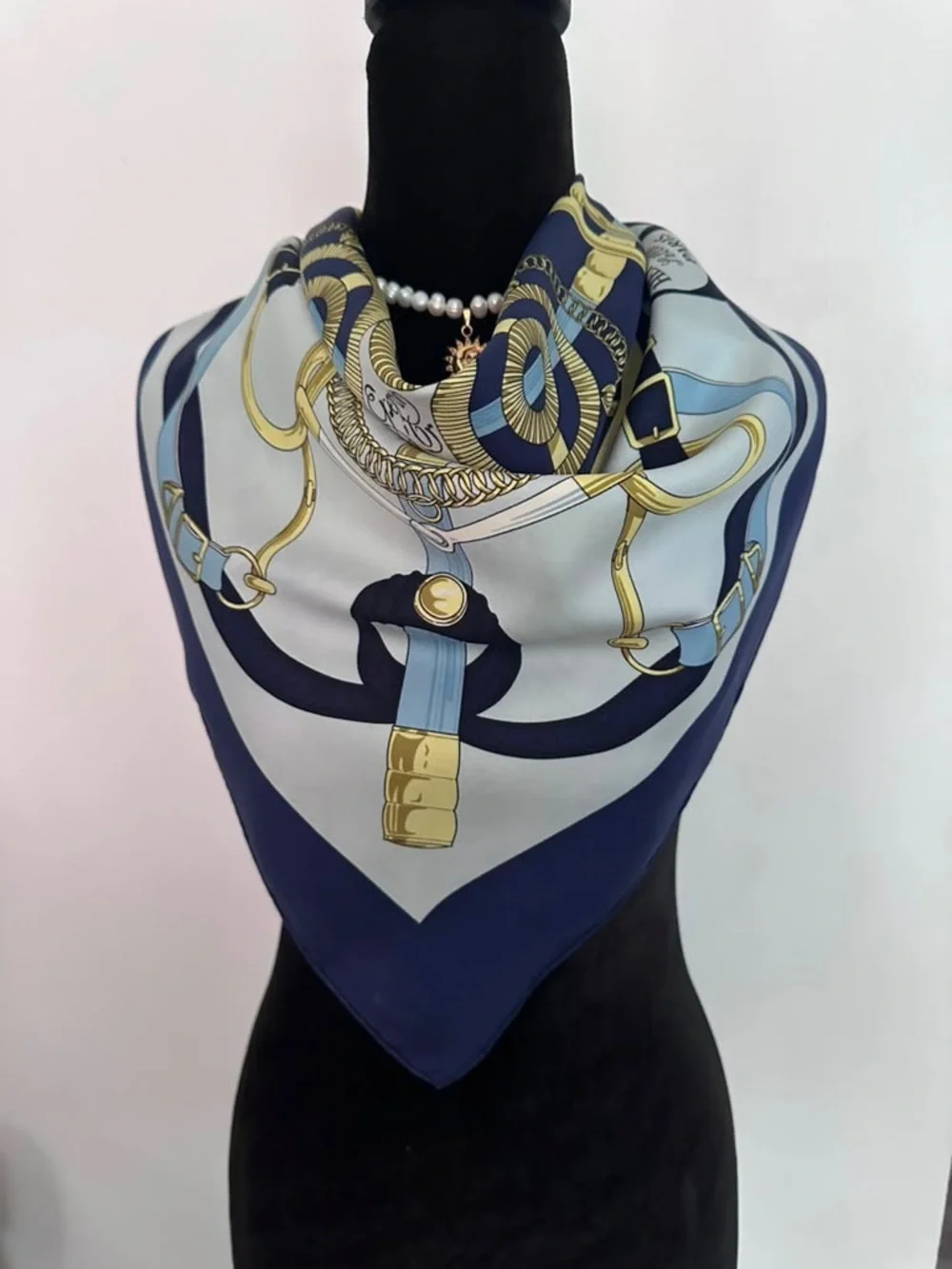 Hermes Silk Scarf Blue White Hand Rolled Made in France